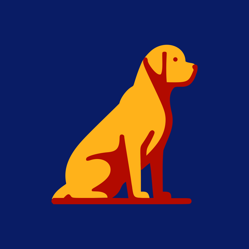A yellow dog sitting on top of a blue background