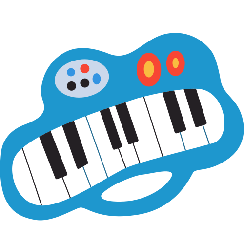 A picture of a blue piano with red and black keys