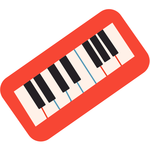 A red key board with a black and white piano keyboard on it