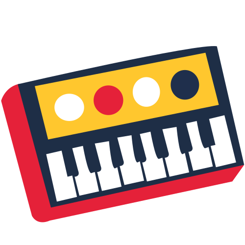 A red, yellow and black piano with a white background
