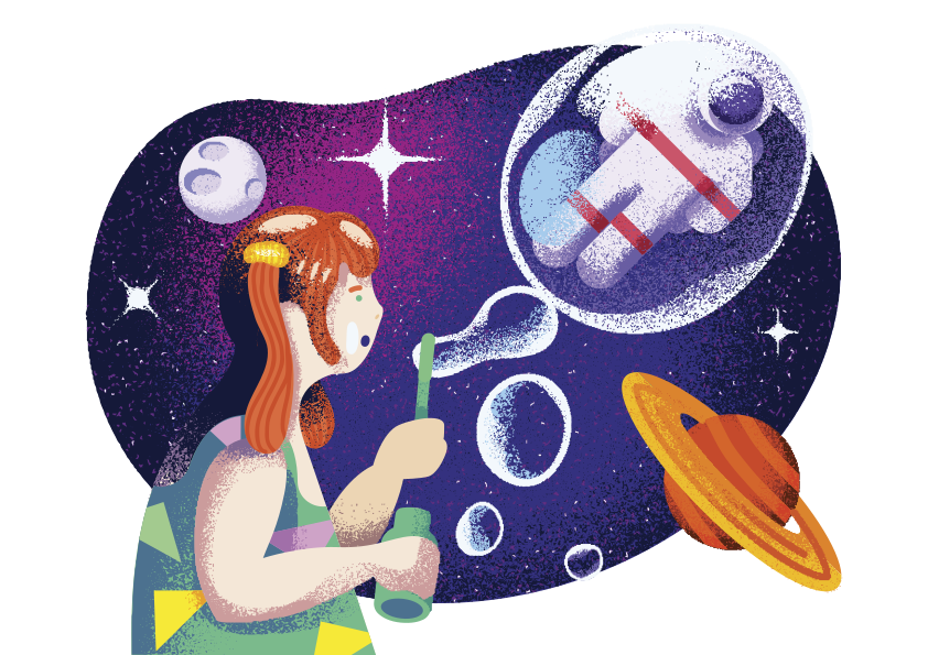 Una chica hace burbujas con sueños de astronauta.