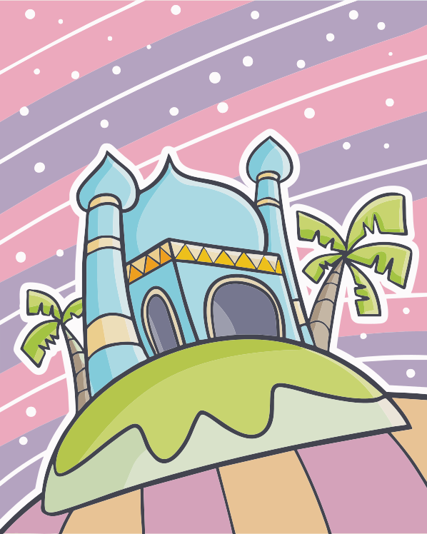Cartoon mosque on a colorful, striped background.