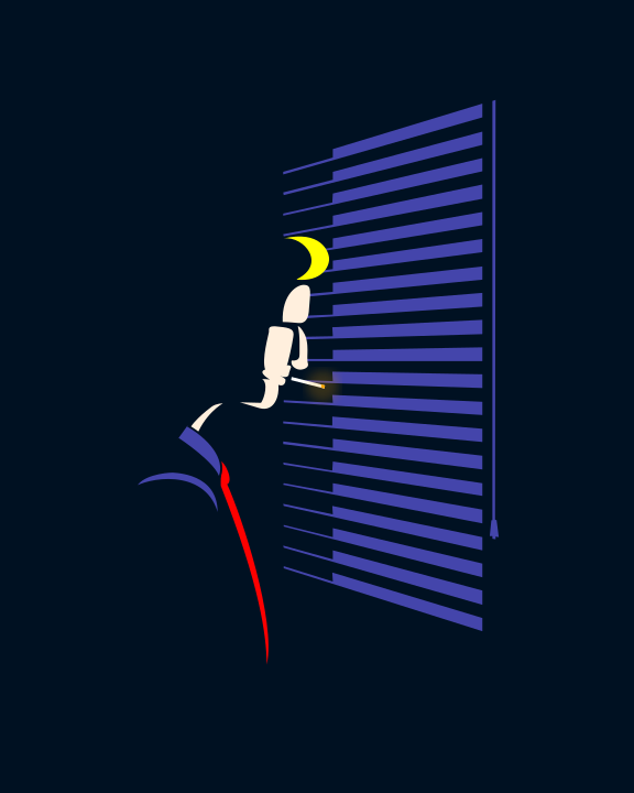 A person smokes while peeking through blinds.