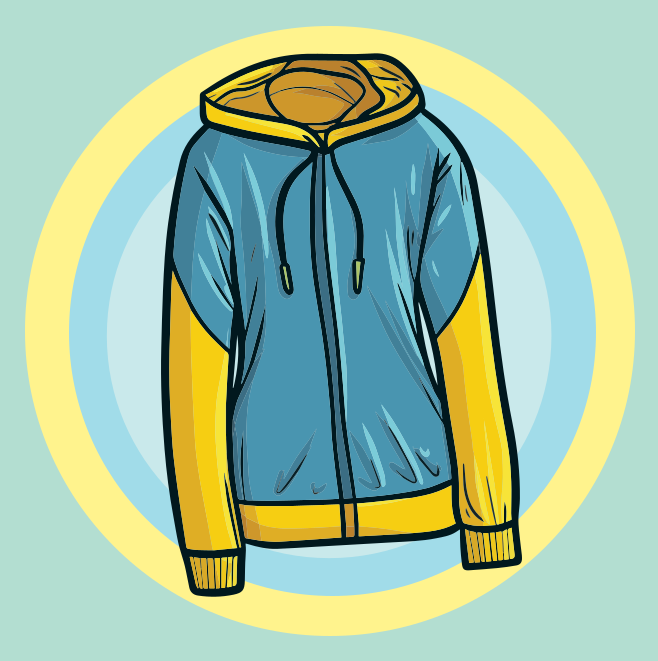 Blue and yellow hoodie jacket against a colorful background.