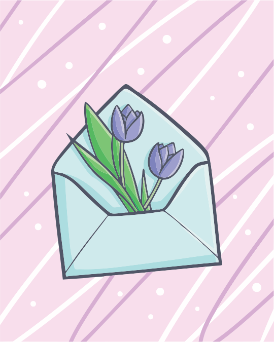 Flowers bloom from a light blue envelope.