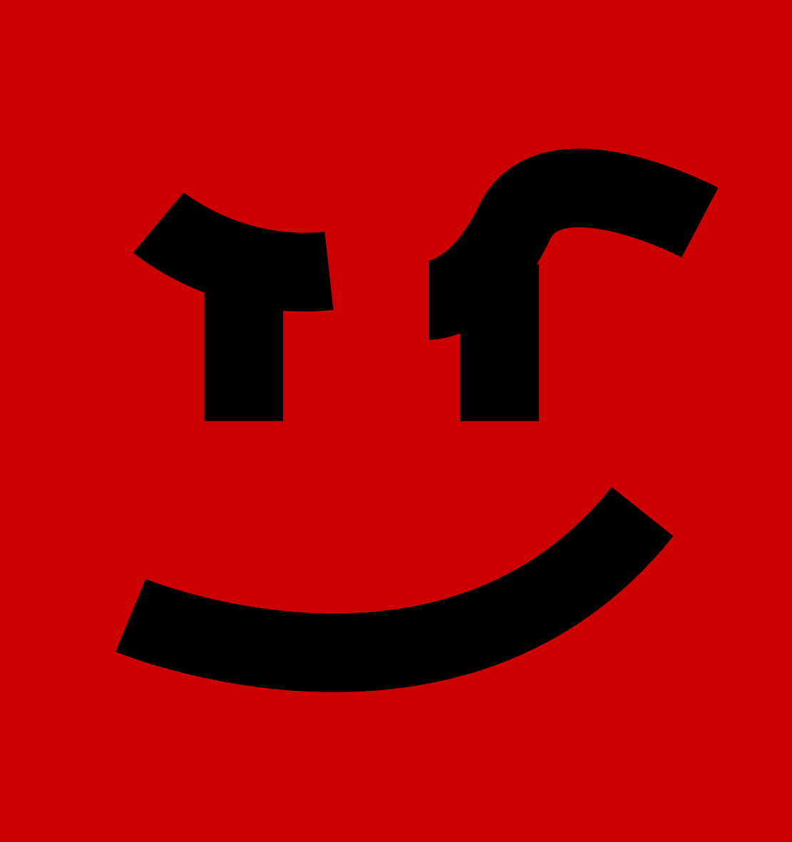 Ein stilisiertes Gesicht lächelt auf rotem Hintergrund.