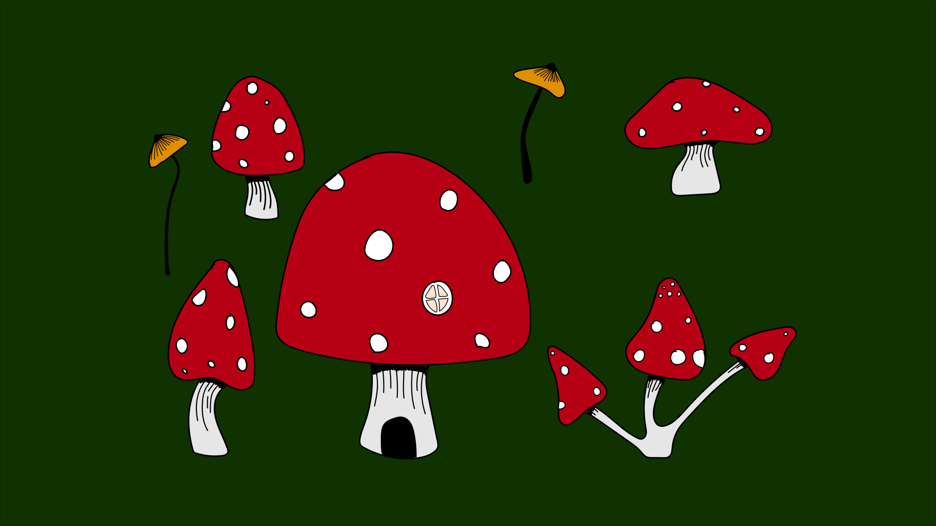 Red mushrooms with white spots on a green background.