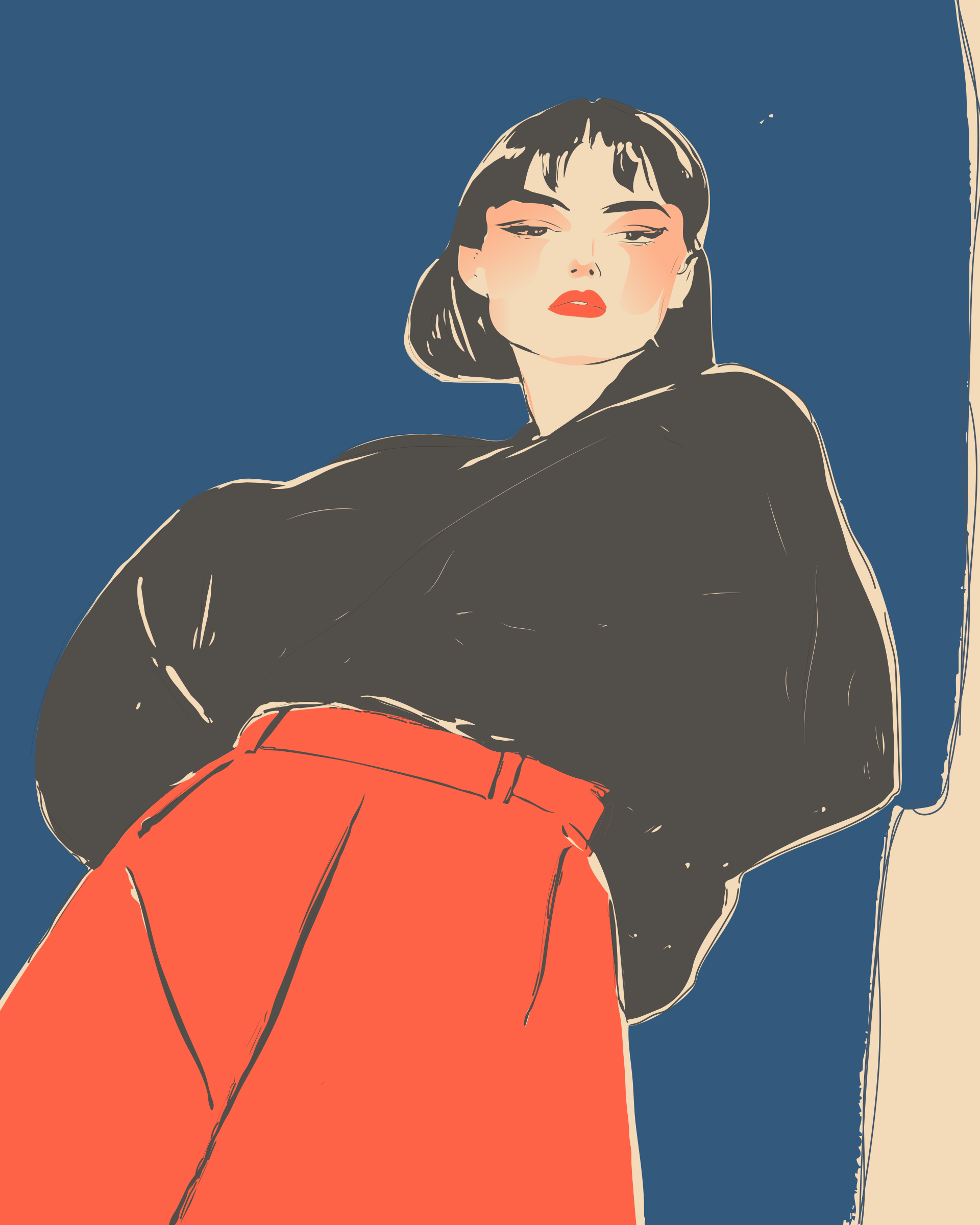 Mujer elegante con pantalones rojos y camiseta negra.