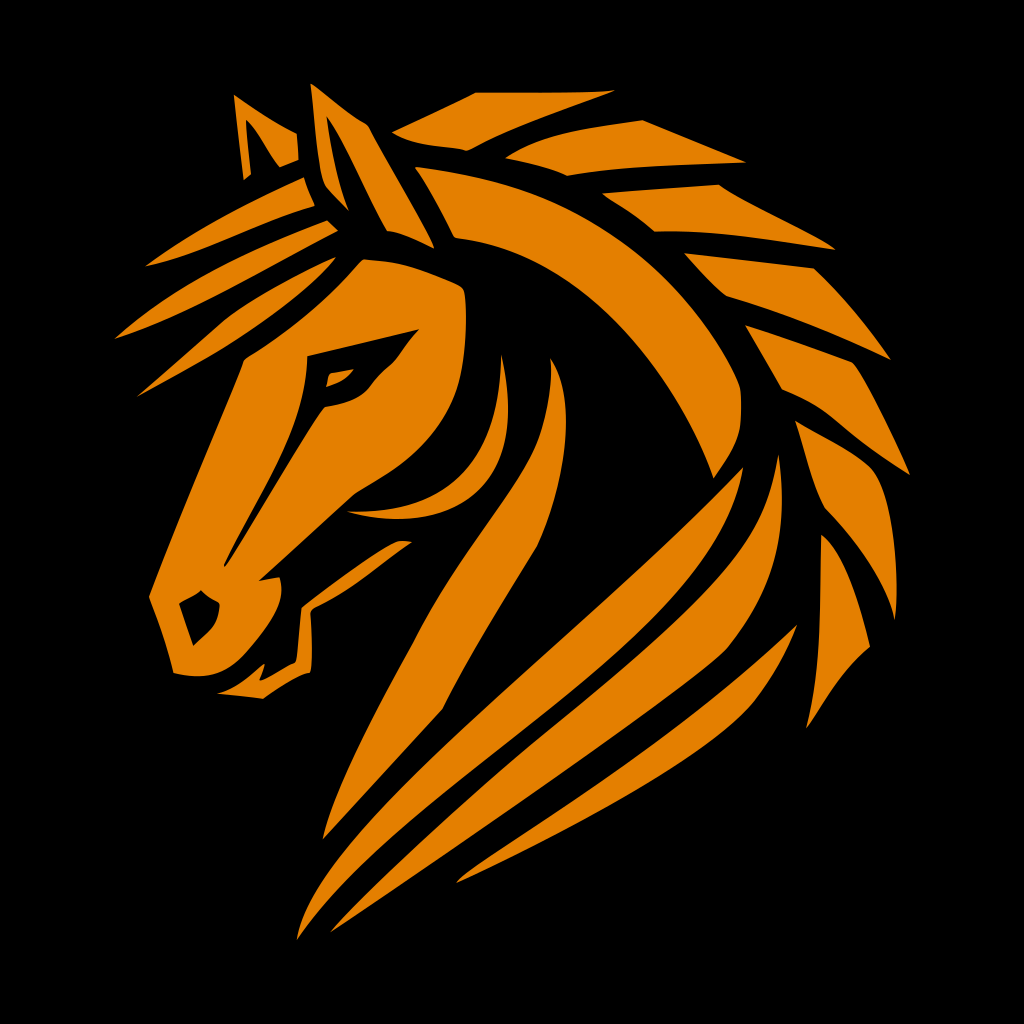 A stylized orange horse head on a black background.