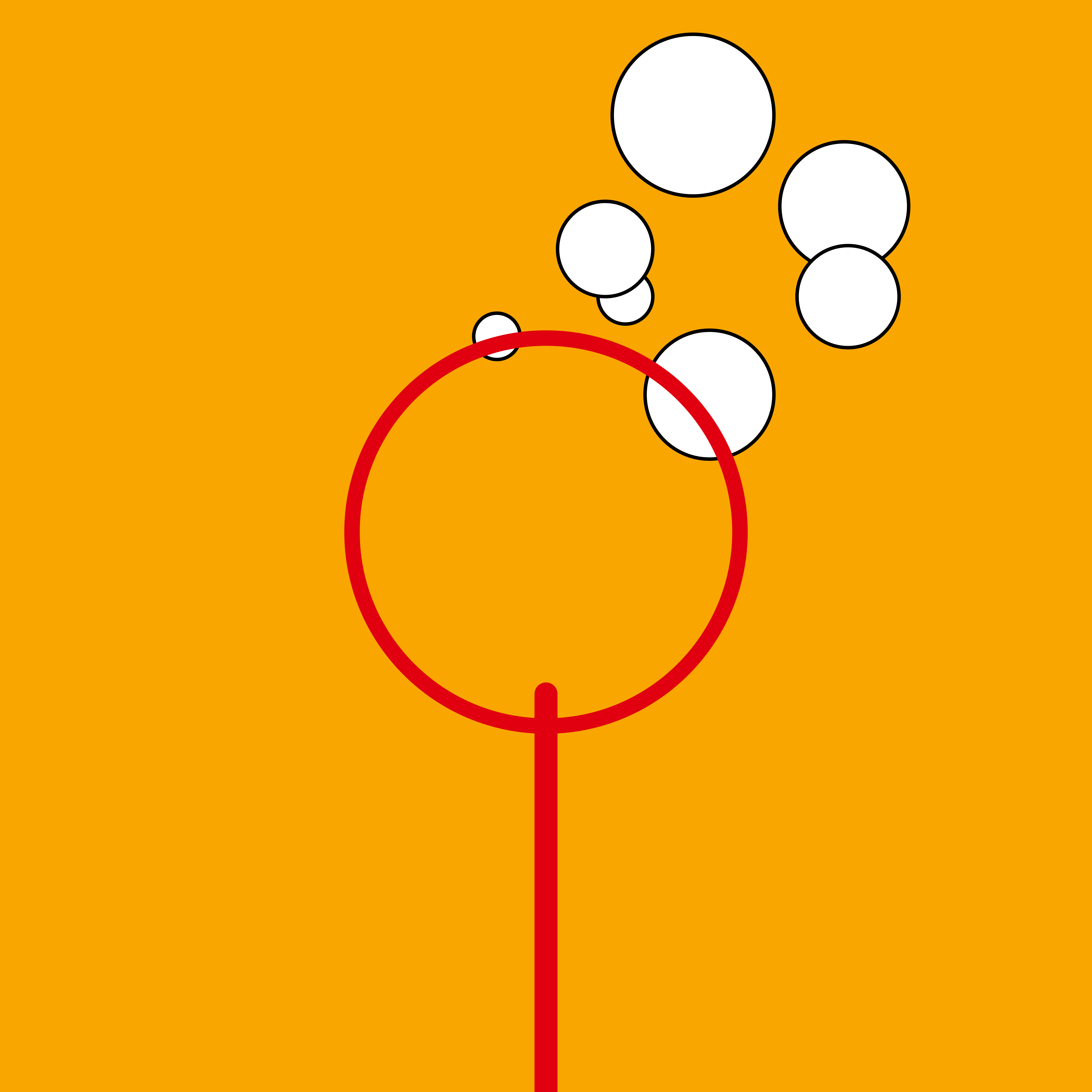A red circle and bubbles on orange background.