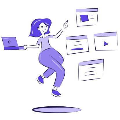 A woman is working on her laptop with website elements.