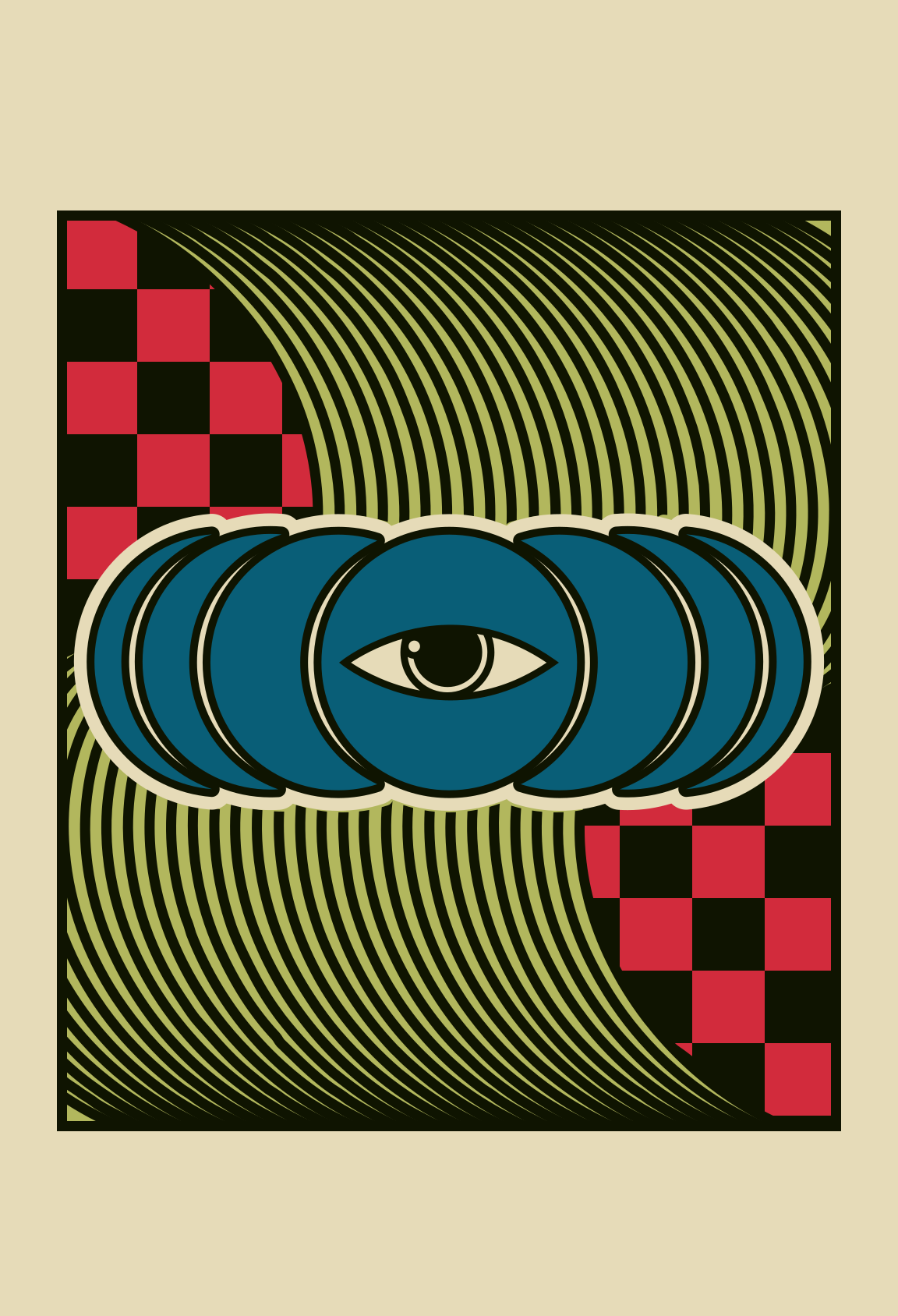 A mystical eye floats among curved lines.