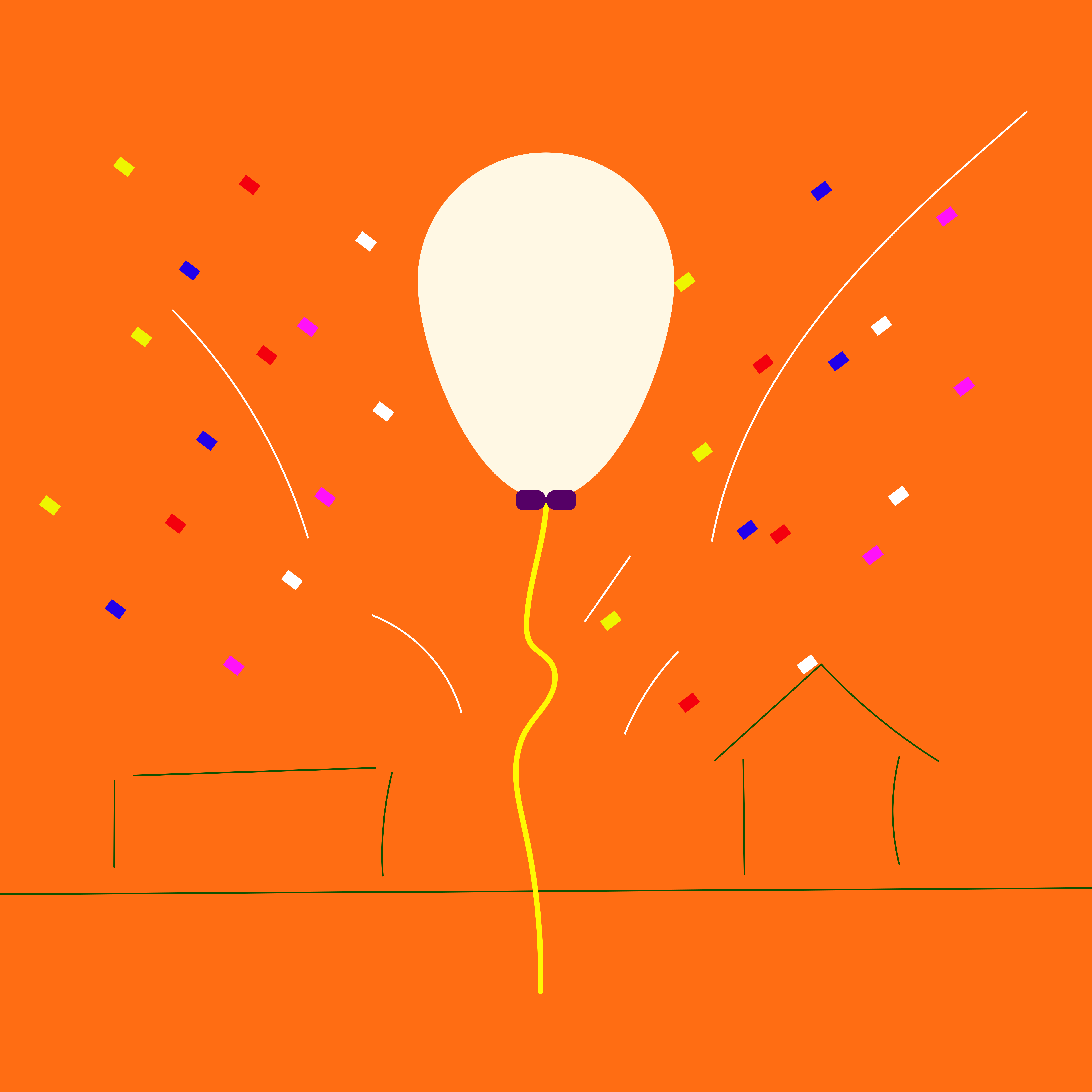 A balloon is surrounded by confetti.
