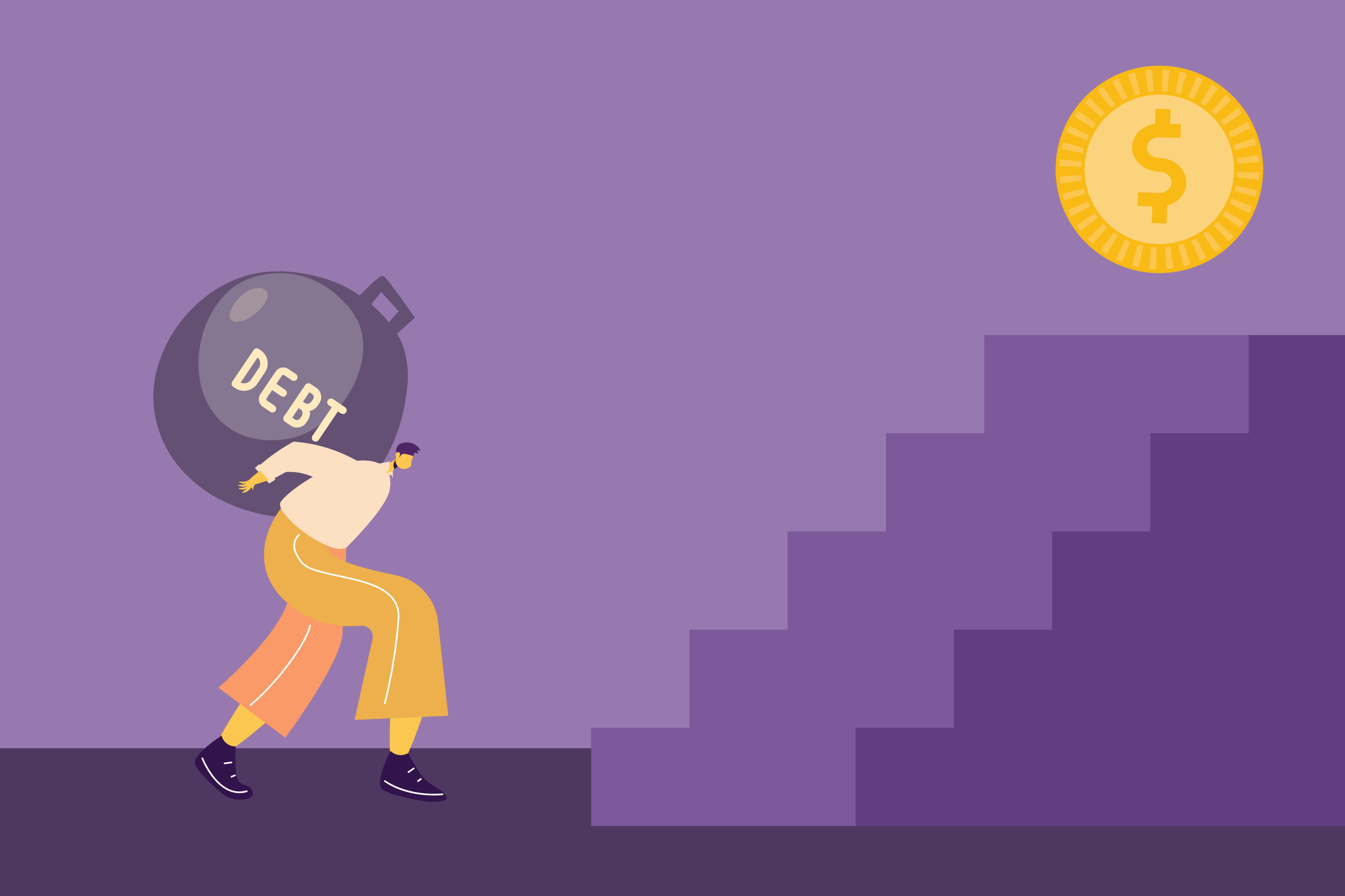 Man struggles to climb stairs with debt.