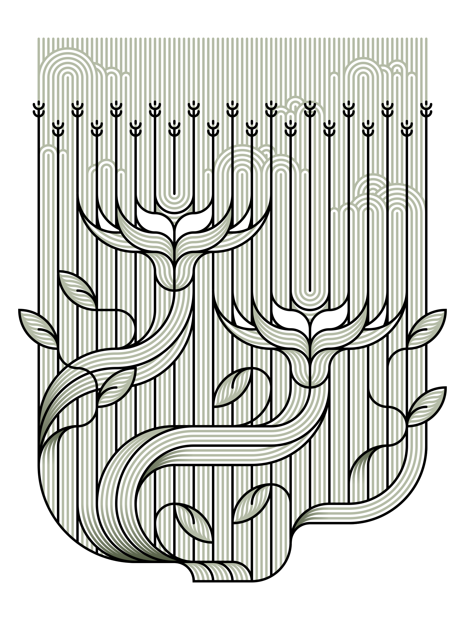 Stylized flowers grow under a striped sky.