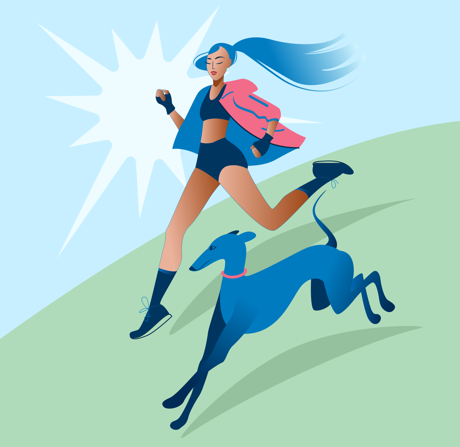 Woman and dog running together on a sunny day.