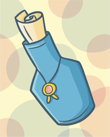 A scroll inside a blue bottle with a medal.