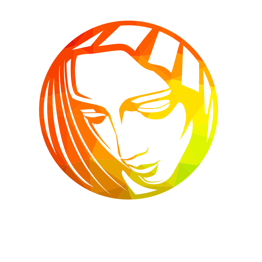 Das Gesicht einer Frau ist in einem bunten, polygonalen Kreis zu sehen.