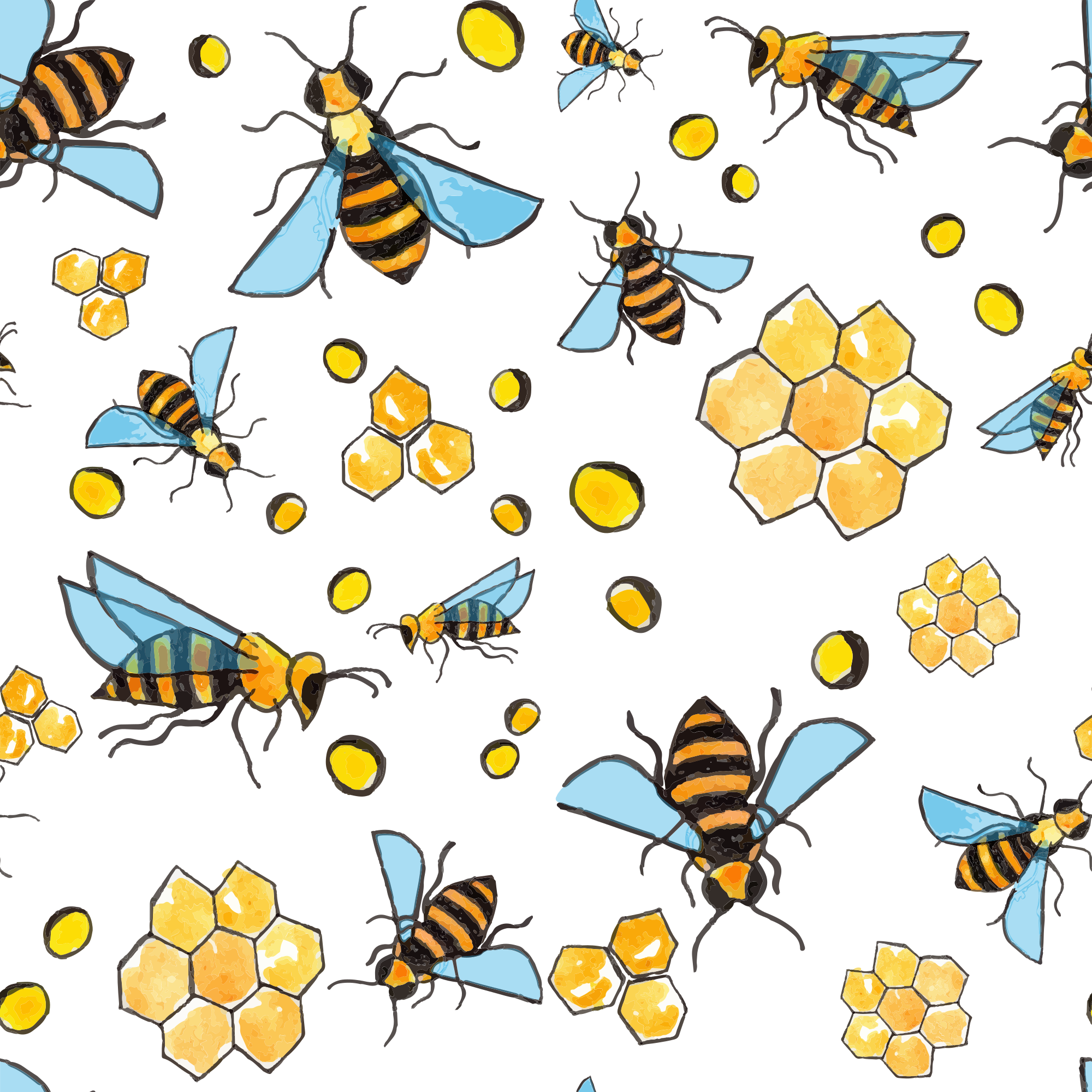 Bees and honeycombs create a whimsical pattern.