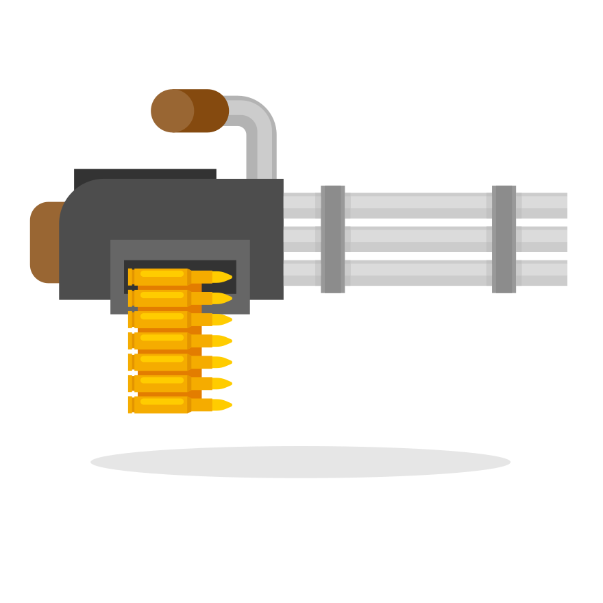 Un minigun de dessin animé avec des balles montrées.