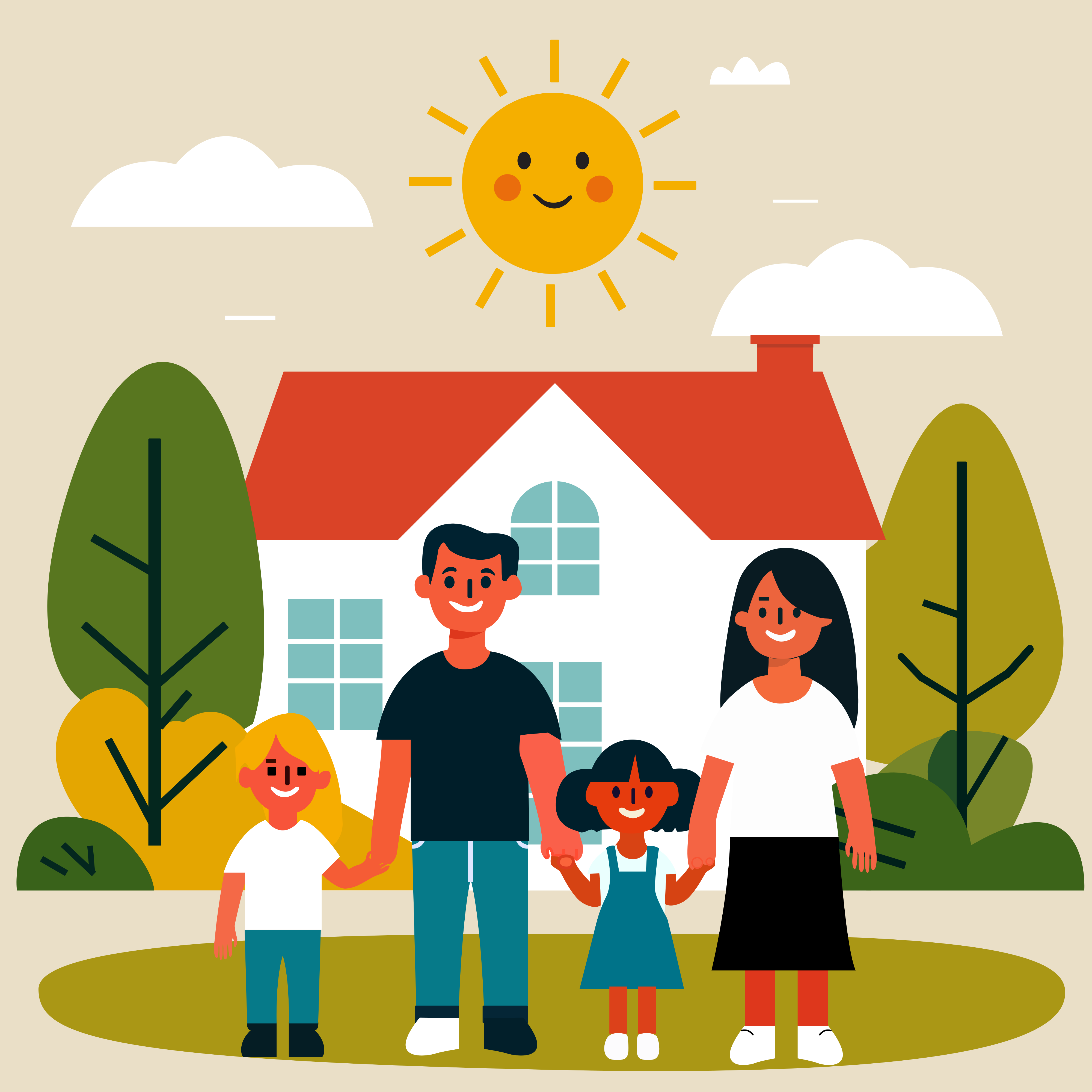 A happy family standing in front of their home after completing estate planning.