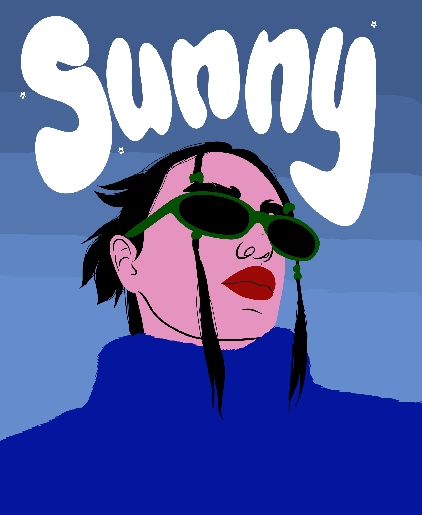 Stylish woman with "sunny" above her head.