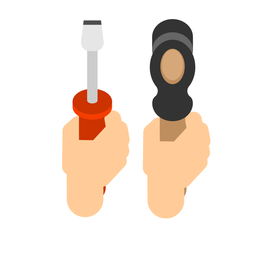Two hands holding a screwdriver and hammer.