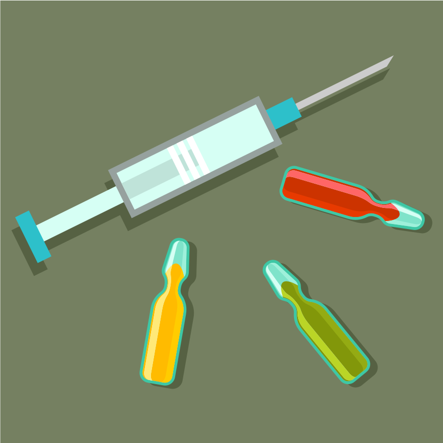 A syringe lies beside various ampules.