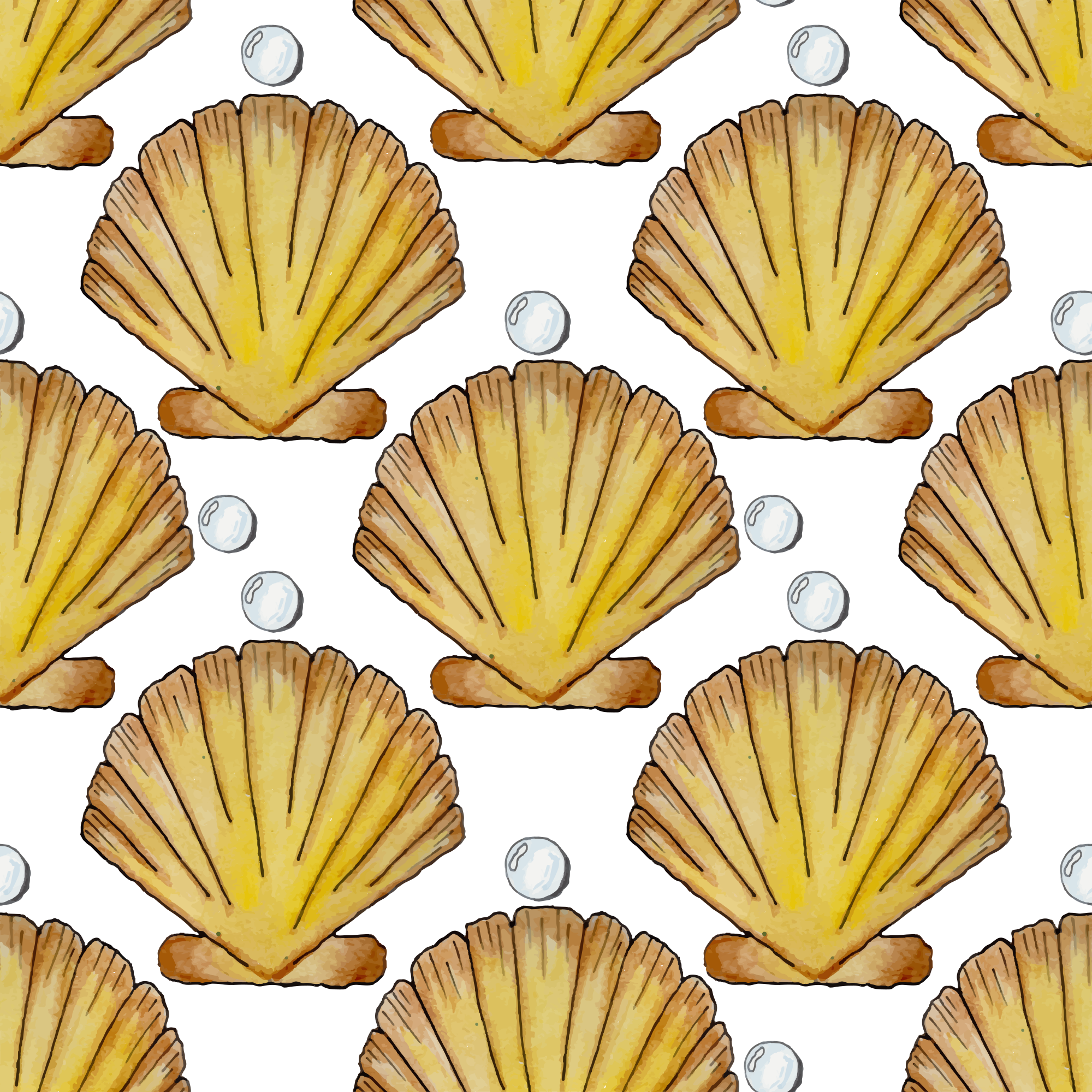 Seashells and pearls create a repeating, patterned design.