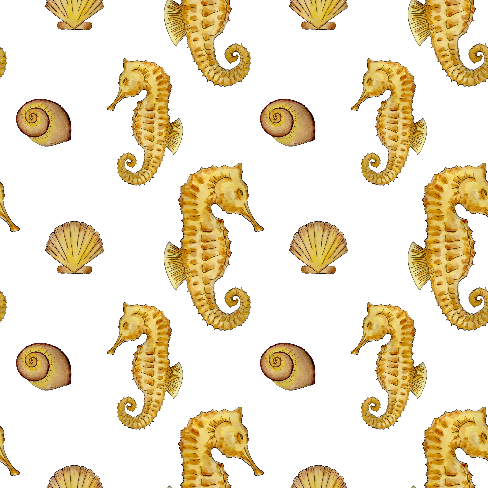 Seahorses and shells create a lovely seamless pattern.
