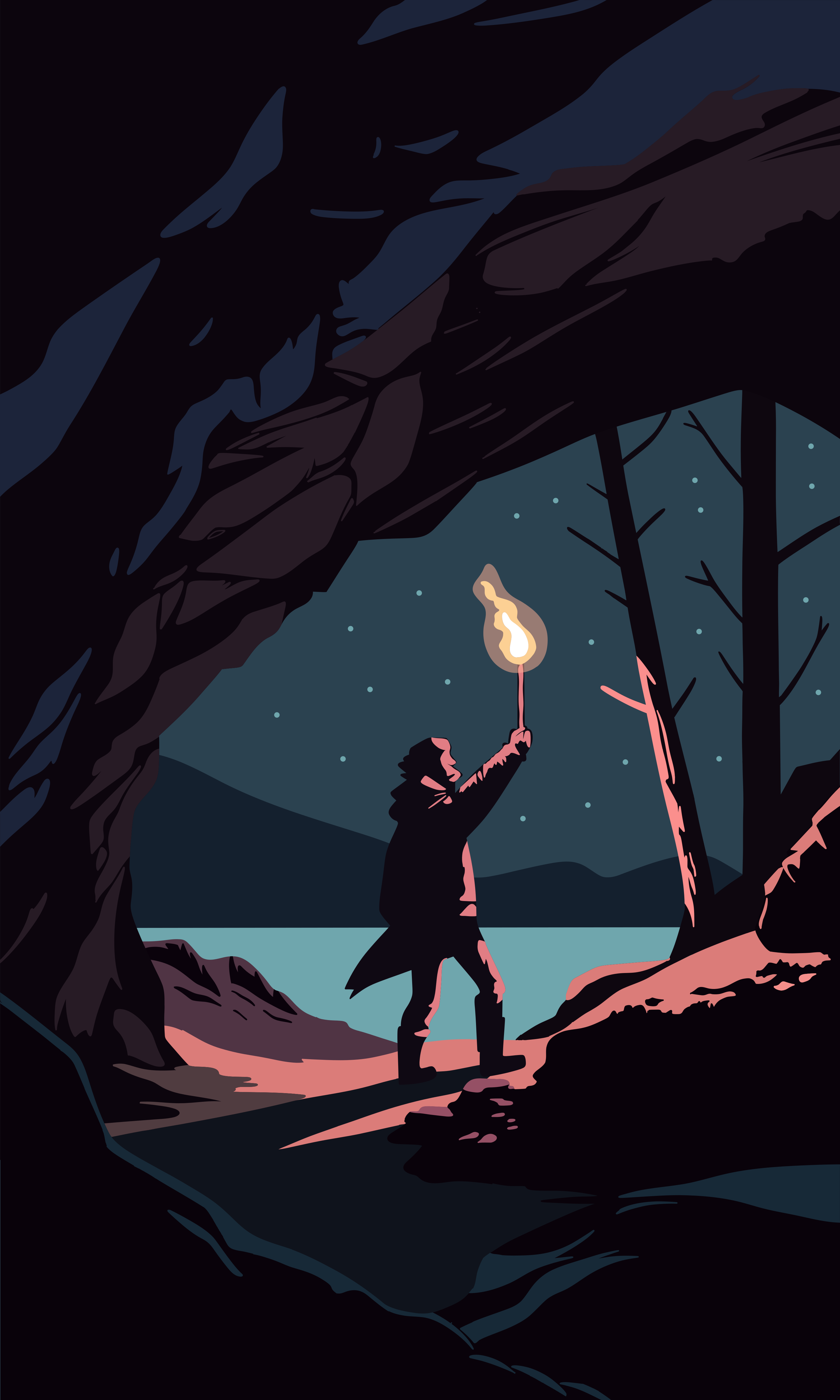 A person is holding a torch in a dark forest.