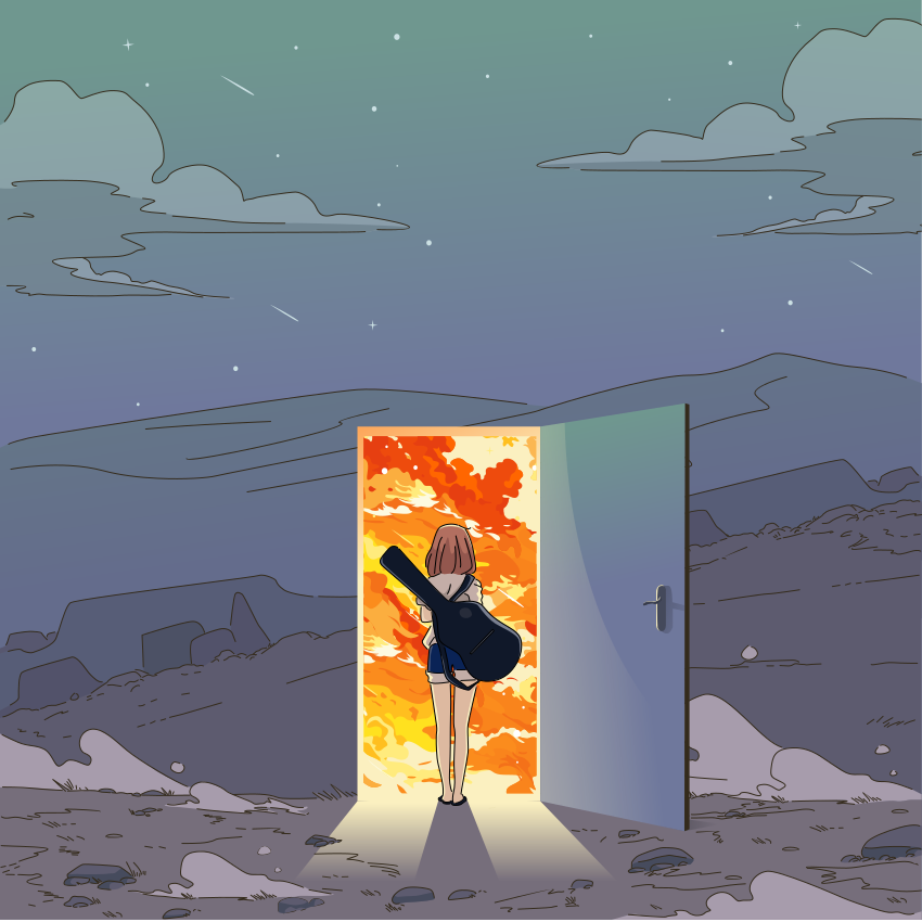 Una chica entra por una puerta luminosa con una guitarra.