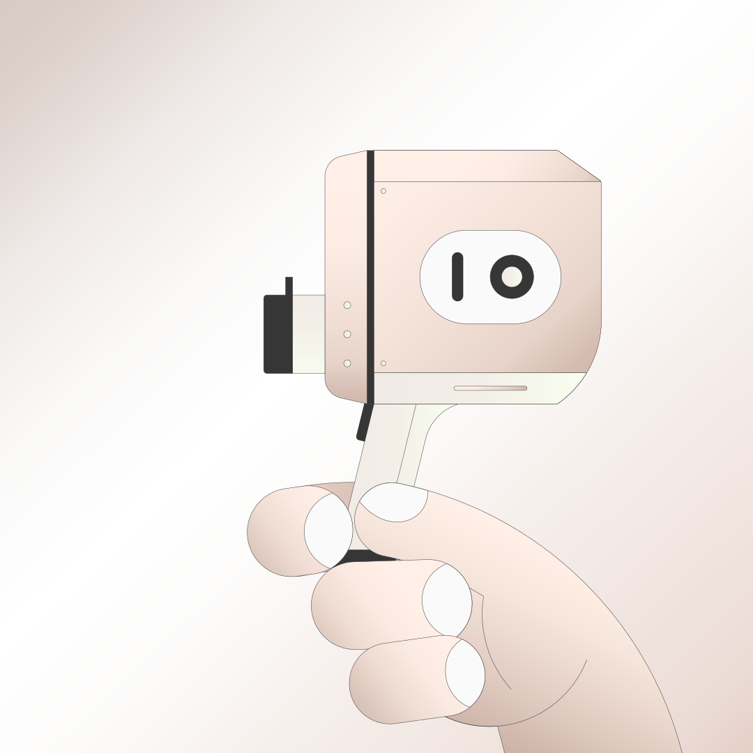 A hand holds a vintage-style camera.