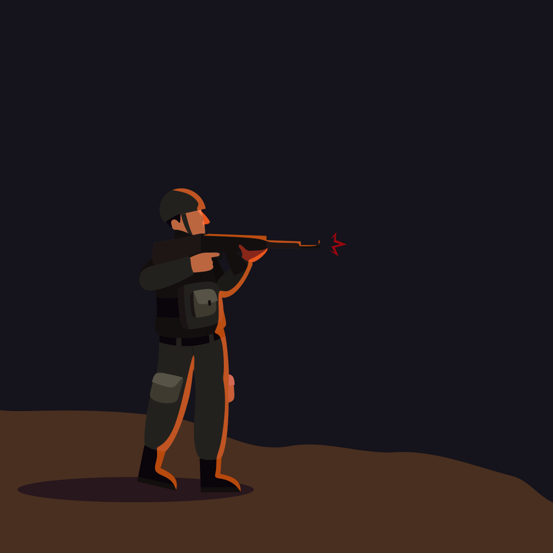A soldier is shooting a rifle in the dark.