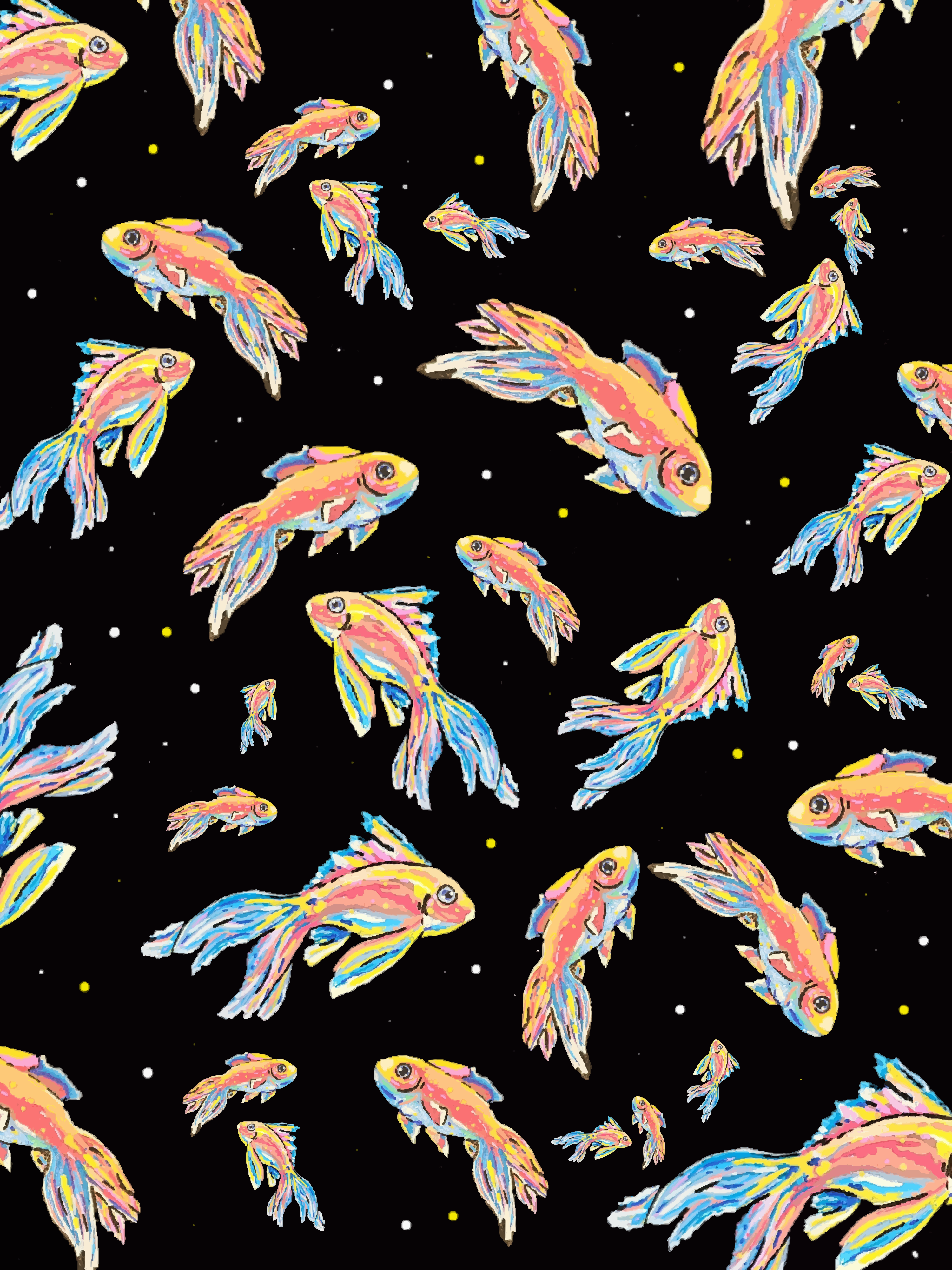 Peces coloridos nadan sobre un fondo negro.