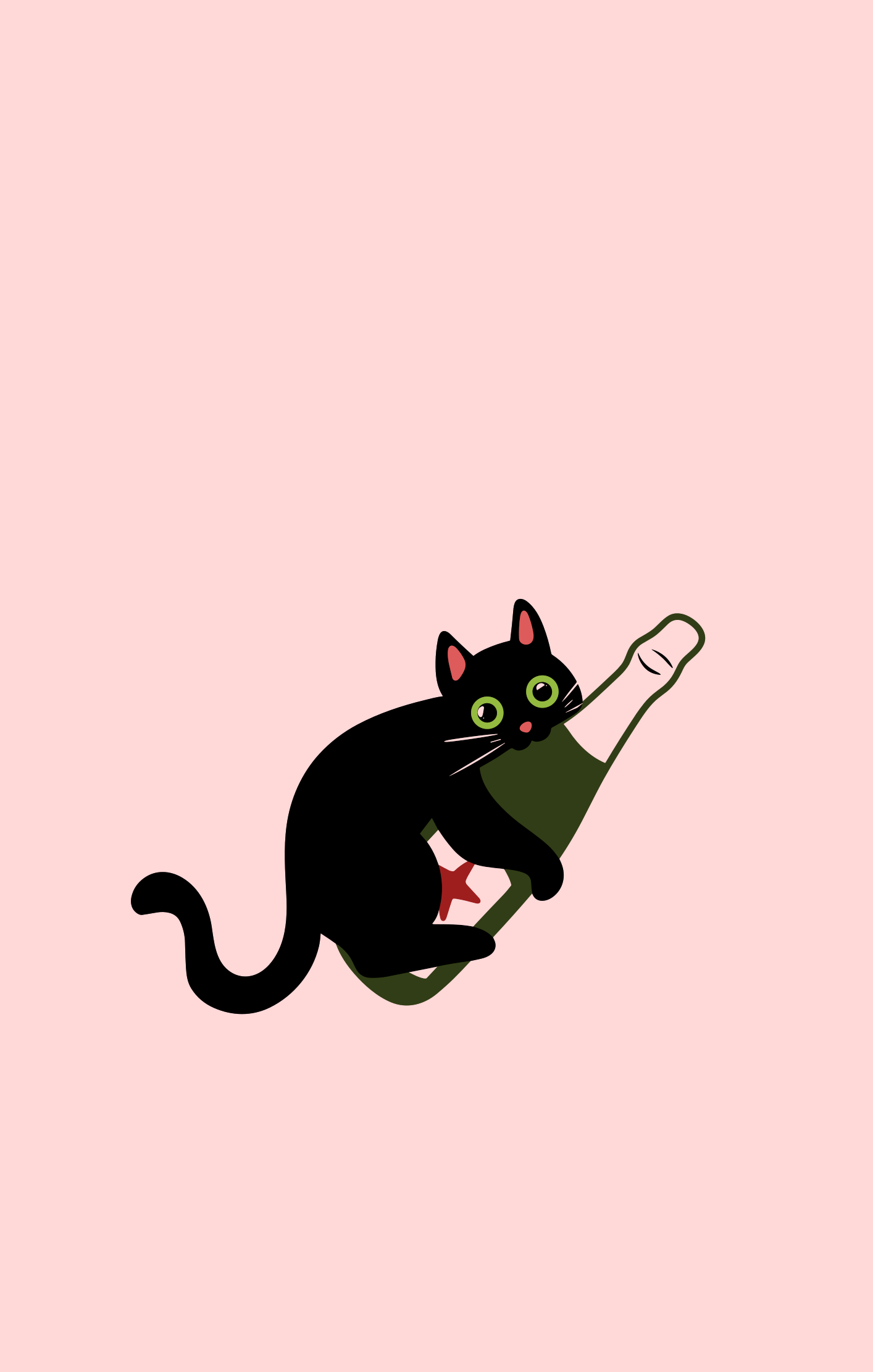Un gato negro abraza una botella de champán