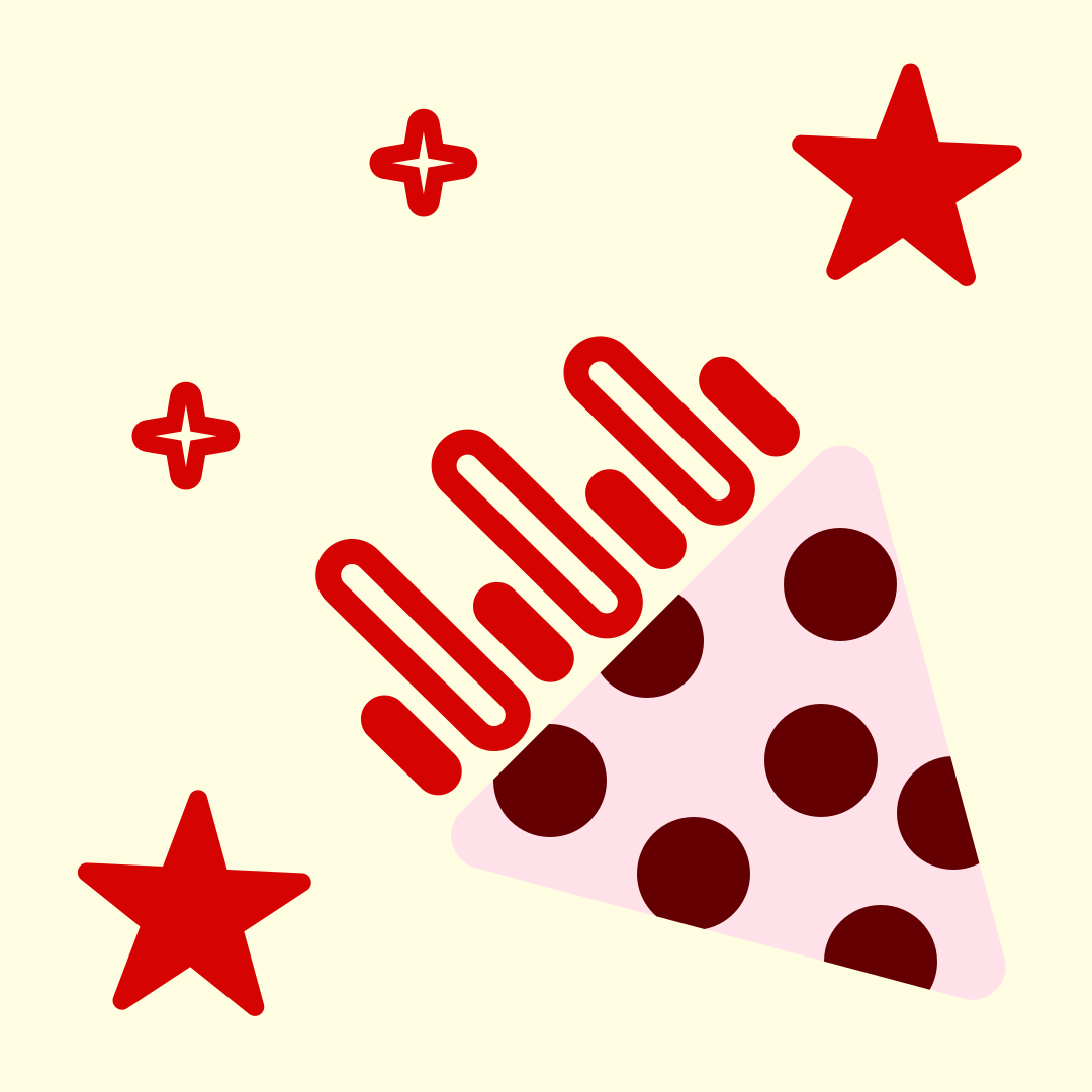 Pizza slice shoots out, with stars.