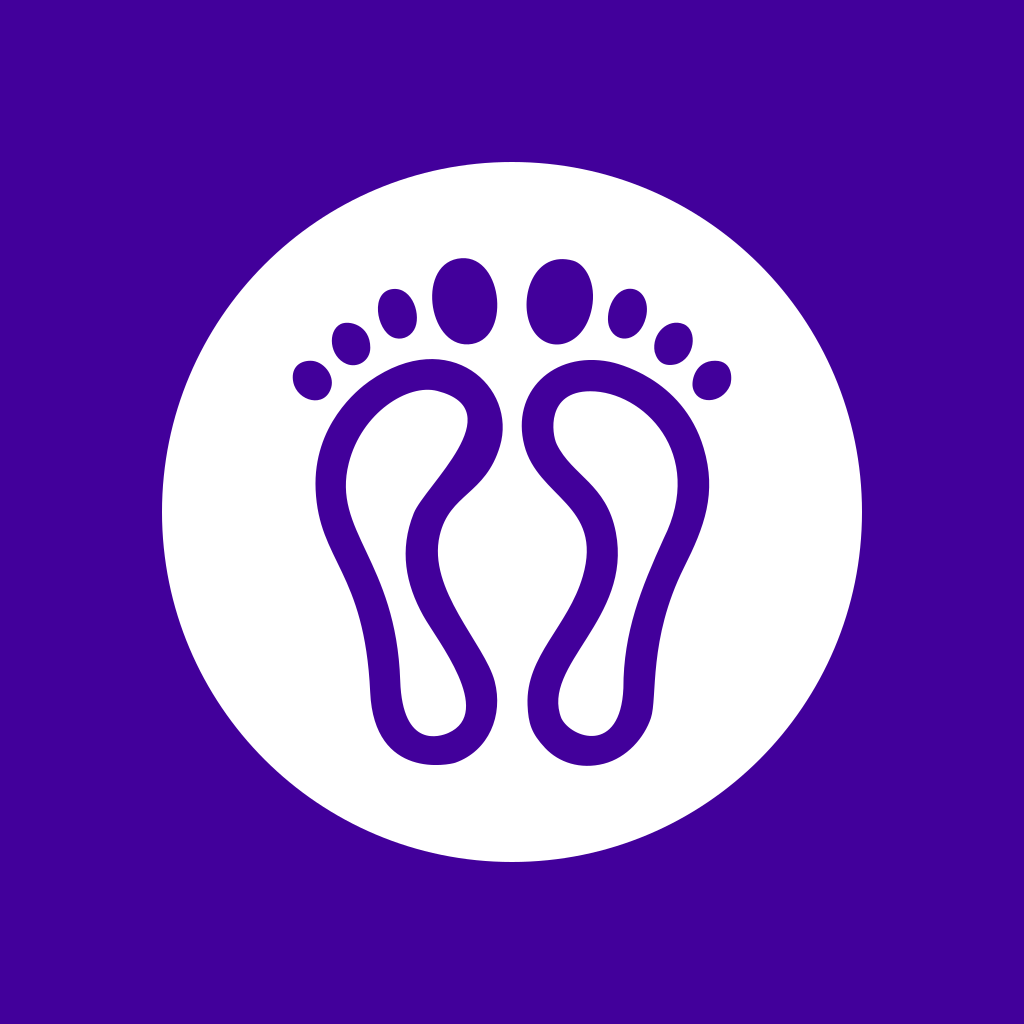 Los pies están perfilados dentro de un círculo blanco sobre color morado.