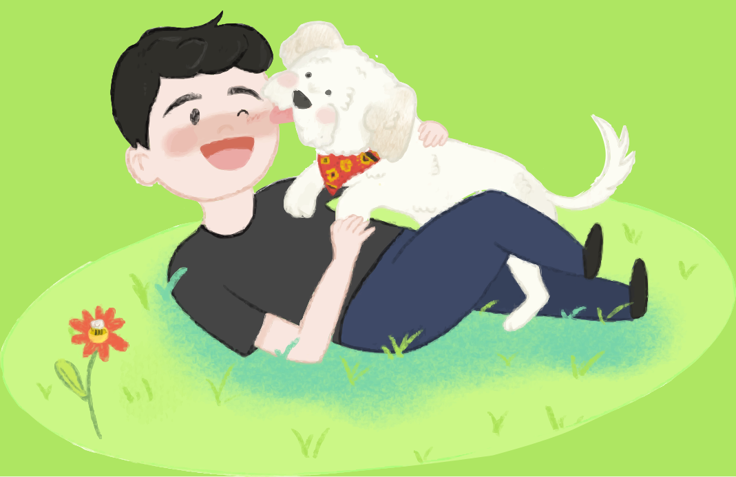 Man plays happily with his dog.