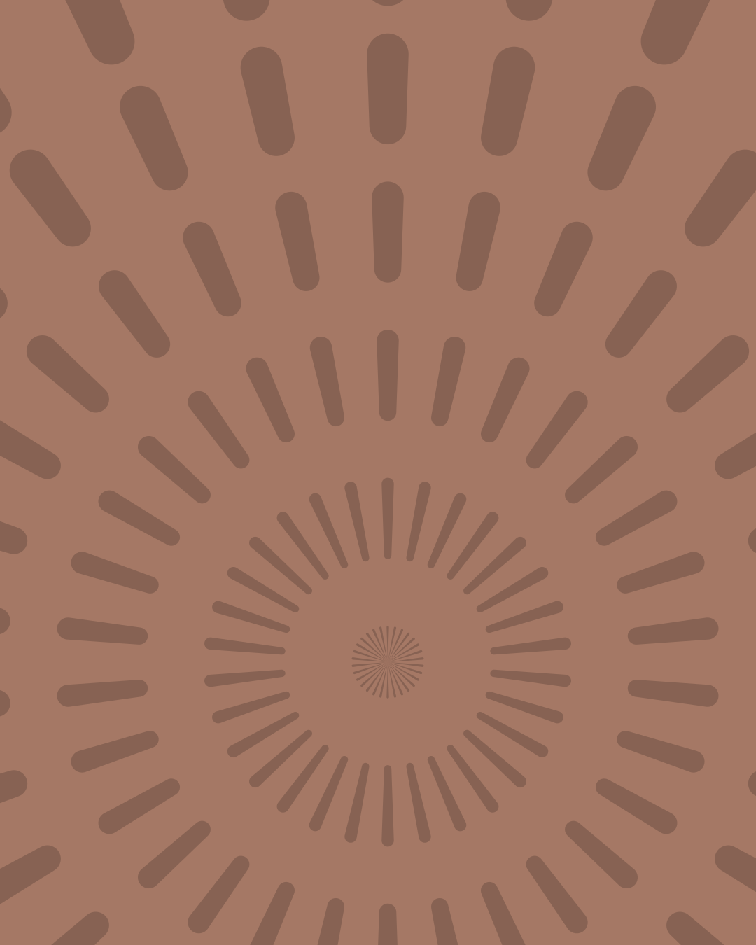 Brown, radial pattern of lines and shapes.