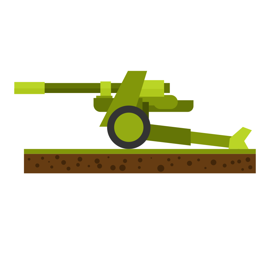 A green cannon is illustrated on a brown base.