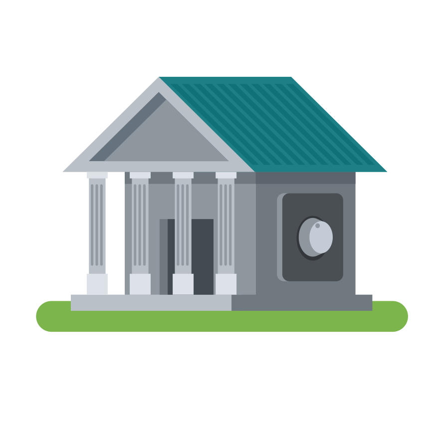A simple illustration of a bank building.