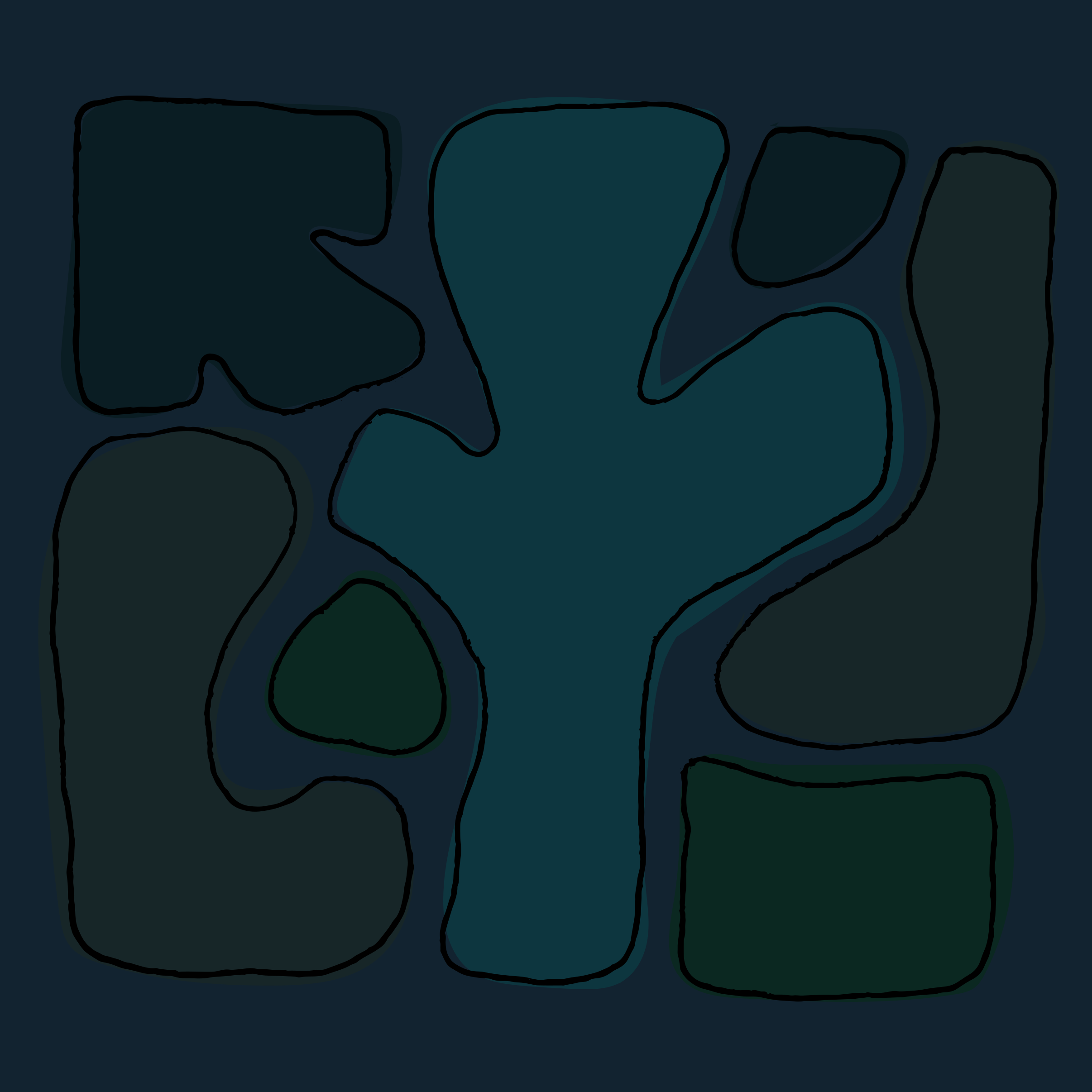 Shapes of various shades appear in a dark design.