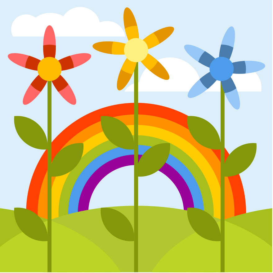 Flowers bloom over a rainbow in the sunshine.