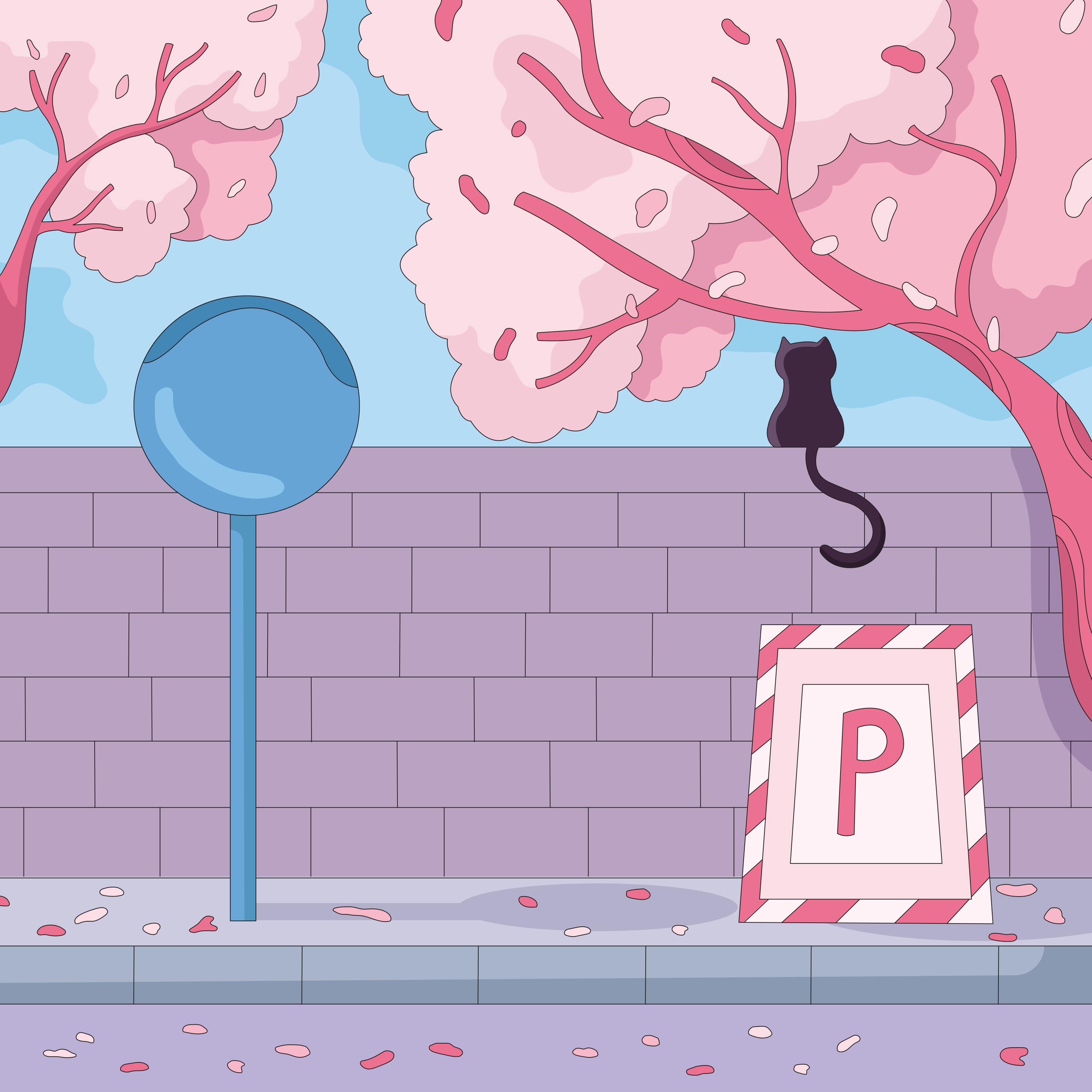 A black cat sits near a parking sign.