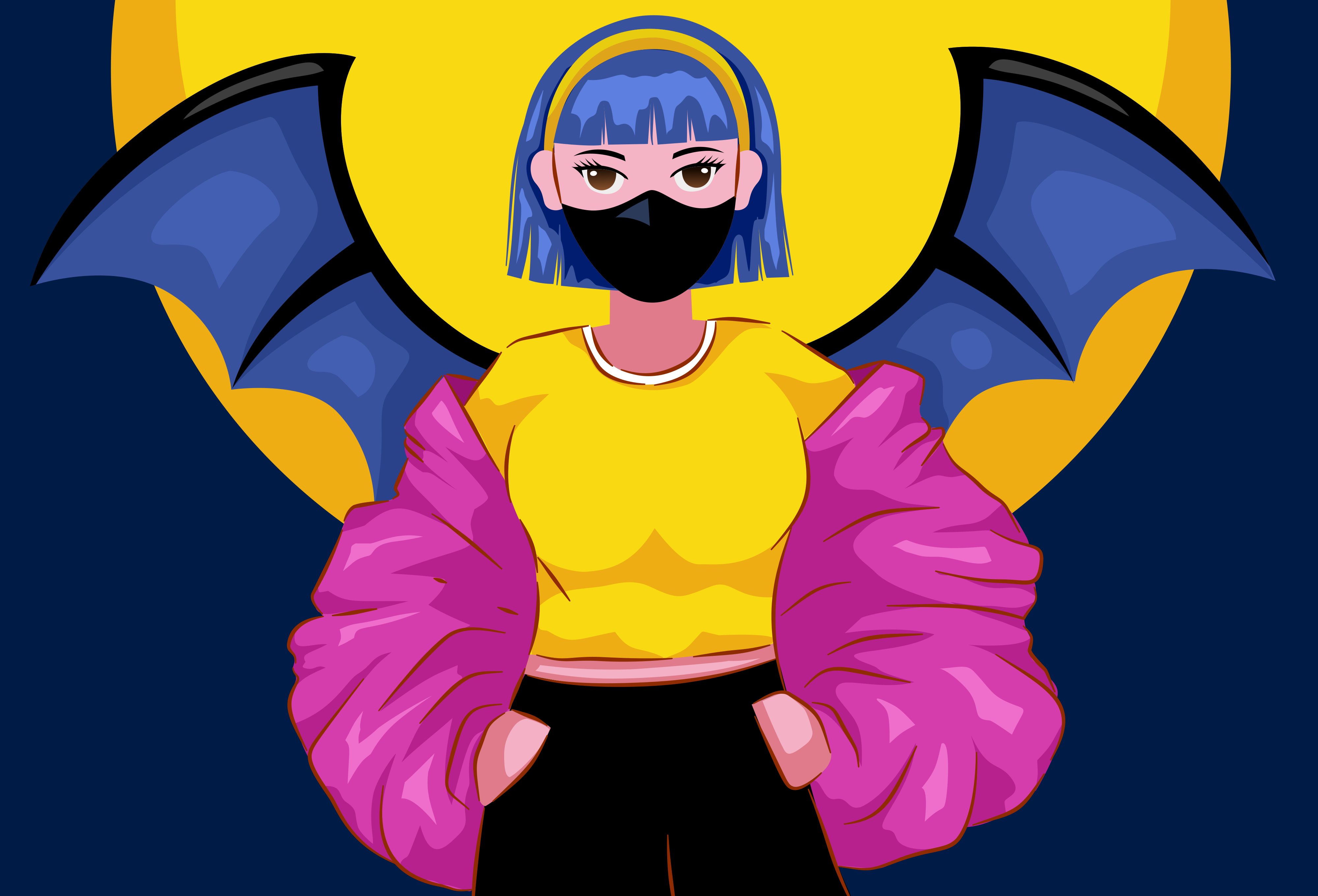 A stylized figure with bat wings and a mask.