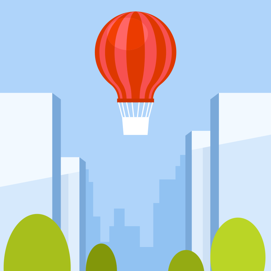 A red hot air balloon floats over buildings.