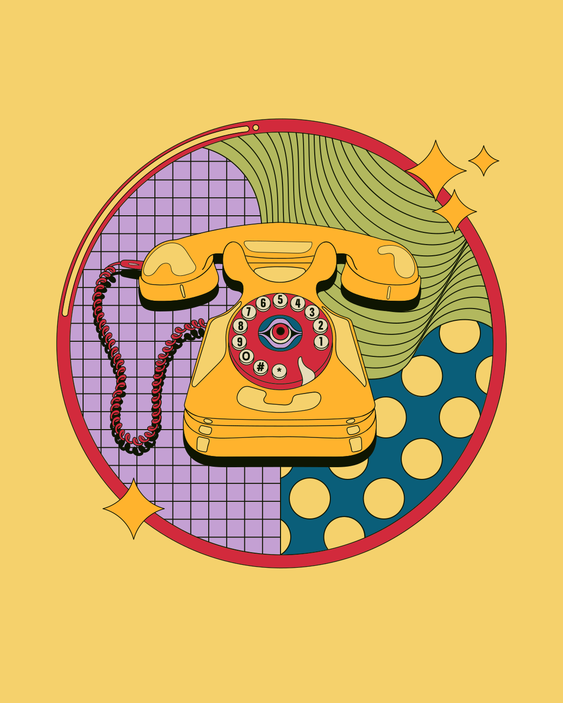 A yellow telephone with psychedelic eye dial.