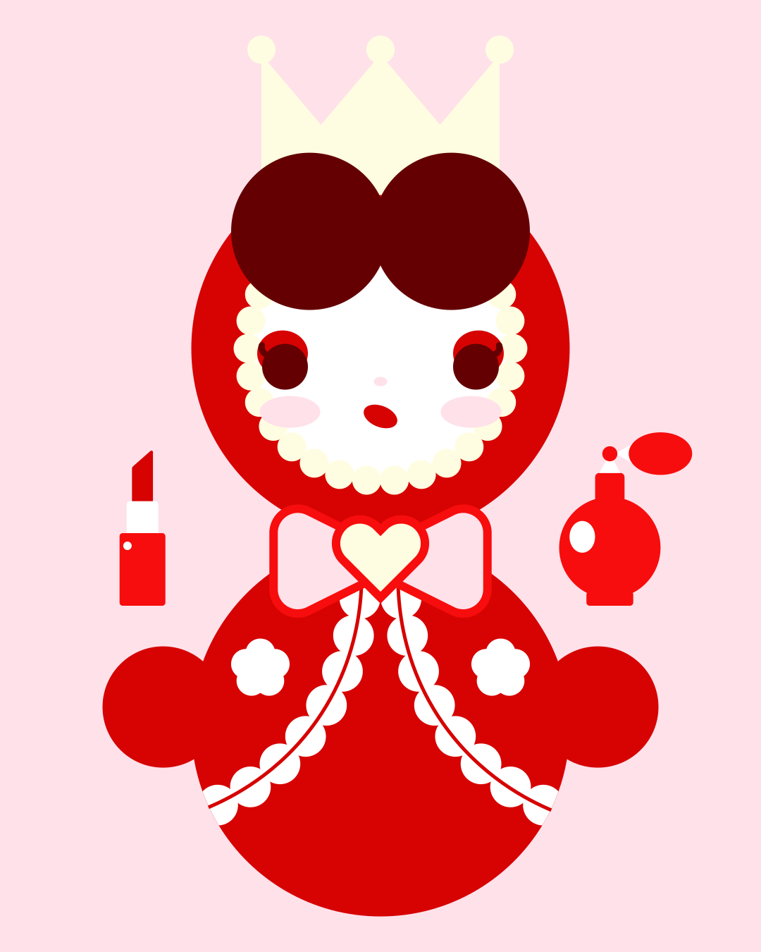 A red cartoon princess with cosmetics and a crown.