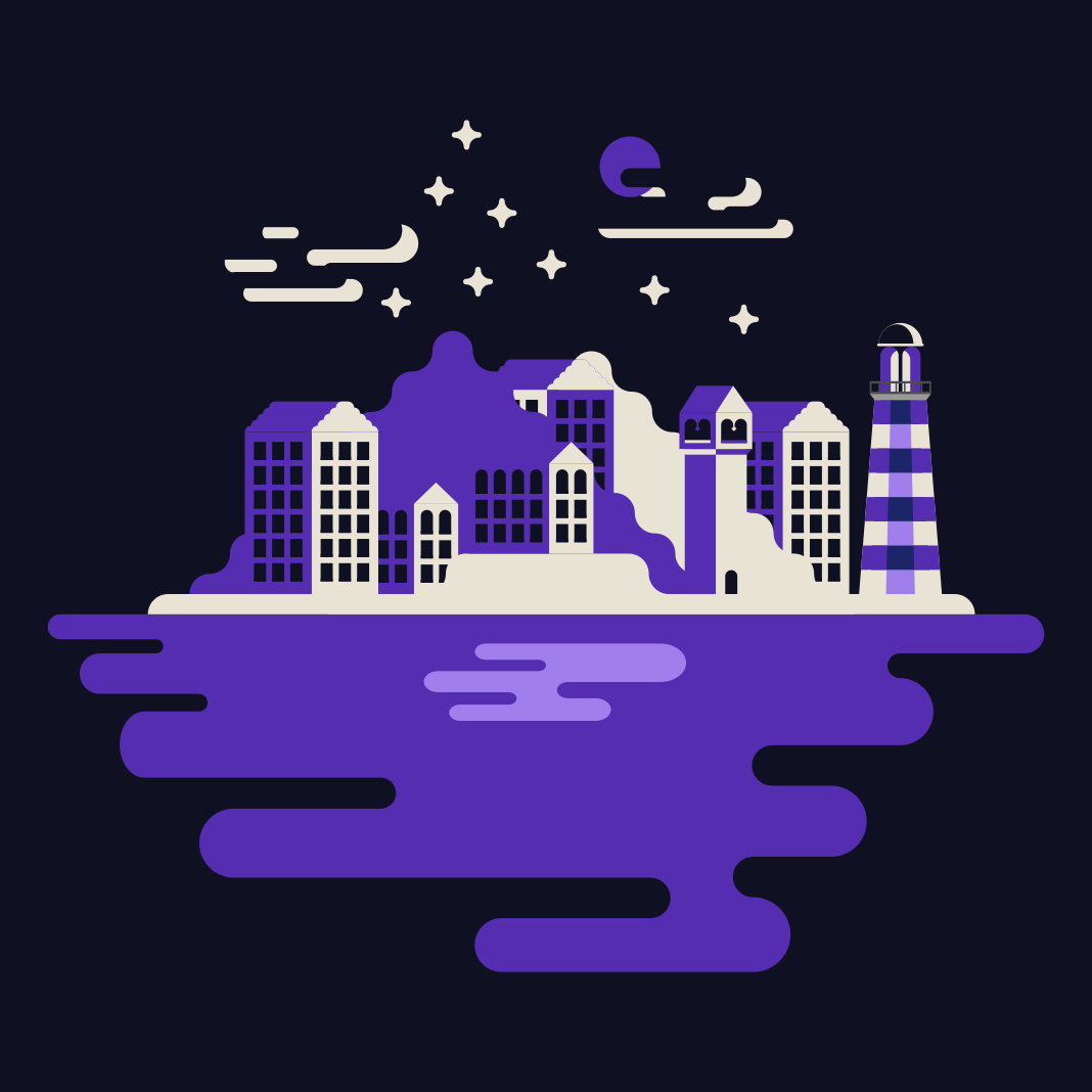 Phare et bâtiments sous un ciel étoilé.